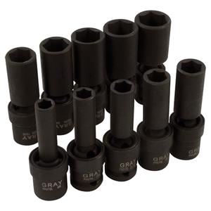 Universal Joint Socket Set - Impact, Deep, 10, 1/2", 3-13/16" L x 15-3/32" W x 1-5/16" H, 6 Point