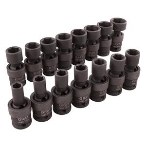 Universal Joint Socket Set - Impact, Standard, 15, 1/2", 19" L x 3" W x 1-1/2" H, 6 Point
