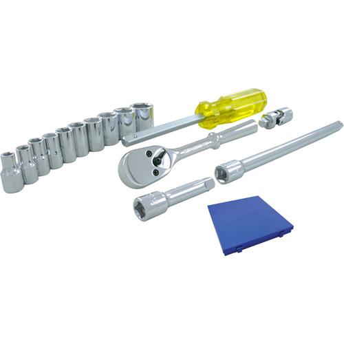 Socket & Attachment Set - 1/4", Hand/Standard, Standard, 15, 10-1/4" L x 9-1/4" W x 1-1/4" H, 6 Point, Metal case