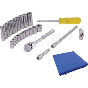 Socket & Attachment Set - 1/4", Hand/Standard, Deep, 25, 10-1/4" L x 9-1/4" W x 1-1/4" H, 6 Point, Metal case