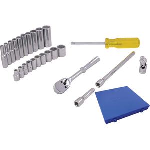 Socket & Attachment Set - 1/4", Hand/Standard, Deep, 25, 10-1/4" L x 9-1/4" W x 1-1/4" H, 12 Point, Metal case