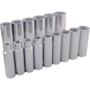 Socket Set - 1/2", Hand/Standard, Deep, 15, 19" L x 3-1/4" W x 1-3/4" H, 6 Point, Limited Lifetime