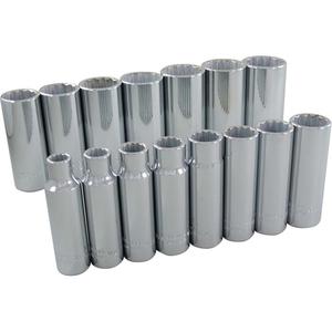 Socket Set - 1/2", Hand/Standard, Deep, 15, 12 Point, 19" L x 3-1/2" W x 1-3/4" H, Limited Lifetime