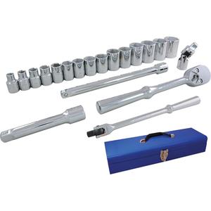Socket & Attachment Set - 1/2", Hand/Standard, Standard, 20, 21" L x 5-3/4" W x 3-1/4" H, 6 Point, Metal case
