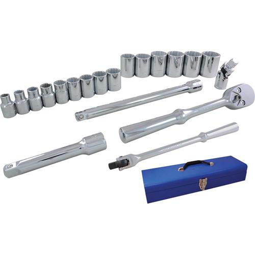 Socket & Attachment Set - 1/2", Hand/Standard, Standard, 20, 12 Point, 21" L x 5-3/4" W x 3-1/4" H, Metal case