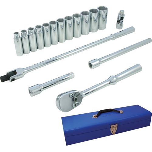 Socket & Attachment Set - 1/2", Hand/Standard, Deep, 17, 21" L x 5-3/4" W x 3-1/4" H, 6 Point, Metal case