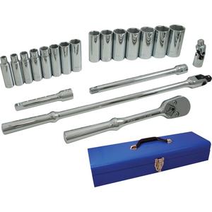 Socket & Attachment Set - 1/2", Hand/Standard, Deep, 20, 21" L x 5-3/4" W x 3-1/4" H, 6 Point, Metal case