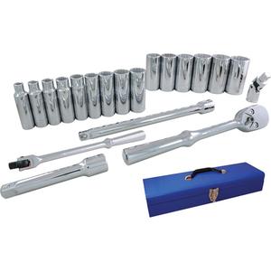 Socket & Attachment Set - 1/2", Hand/Standard, Deep, 20, 12 Point, 21" L x 5-3/4" W x 3-1/4" H, Metal case