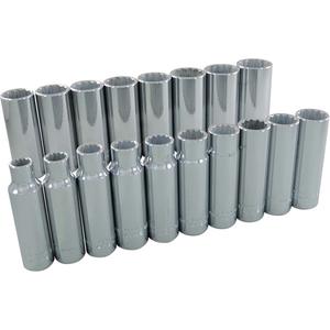 Socket Set - 1/2", Hand/Standard, Deep, 18, 12 Point, 15-1/4" L x 3-1/4" W x 2-1/2" H, Limited Lifetime