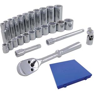 Socket & Attachment Set - 3/8", Hand/Standard, Deep, 26, 12" L x 11-1/2" W x 1-3/4" H, 6 Point, Metal case