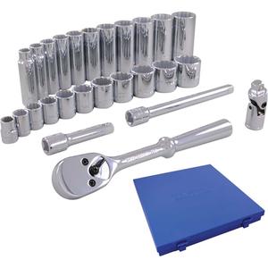 SAE Socket & Attachments Set - 3/8", Hand/Standard, Deep, 26, 12 Point, 12" L x 11-1/2" W x 1-3/4" H, Metal case