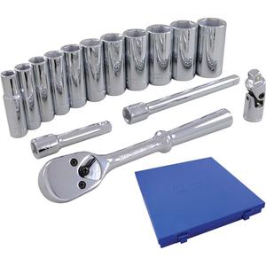 Socket & Attachment Set - 3/8", Hand/Standard, Deep, 15, 12" L x 11-1/2" W x 1-3/4" H, 6 Point, Metal case