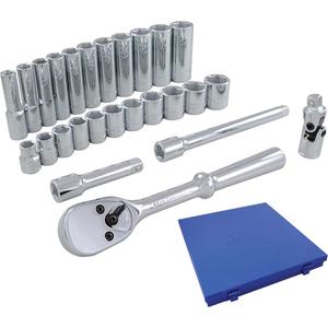 Socket & Attachment Set - 3/8", Hand/Standard, Deep, 26, 12" L x 11-1/2" W x 1-3/4" H, 6 Point, Metal case