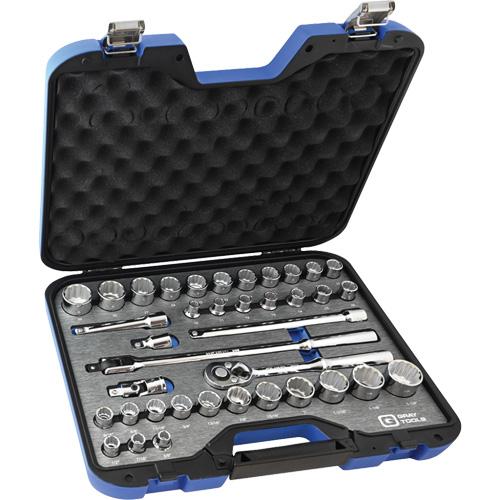 SAE & Metric Socket & Attachments Set - 1/2", Hand/Standard, Standard, 38, 12 Point, Plastic case, 16" L x 12-1/4" W x 3" H