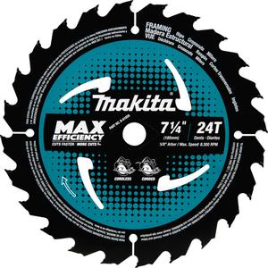 Carbide-Tipped Max Efficiency Framing Circular Saw Blade - 7-1/4", 5/8", 24, Wood, Cross, 23°, 0.039", 0.057"