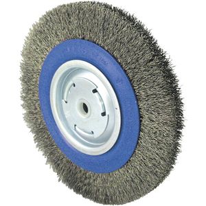 Crimped Wire Wheel Brushes - 010-LXDZ571 - 8", 1", 0.014", Stainless Steel, 1/2" - 5/8" - 2, 4,500 RPM, High Performance, Bench Grinder, Medium