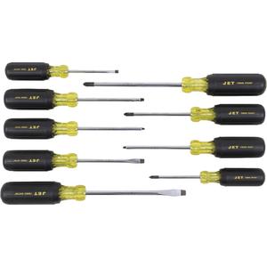 JKS-9S Screwdriver Sets - 9 Pcs., Non Magnetic, Cushion Grip, Acetate, SVCM Steel, Round, Square, Slot Square Shank 1/4" x 4", 5/16" x 6"; Cabinet 3/16" x 3"; Phillips #1 x 3", #2 x 4", #3 x 6"; Square #1 x 4"