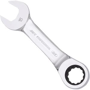 Metric Ratcheting Stubby Combination Wrench - 010-LXDA448 - 15 mm, Polished, Chrome Vanadium, Flat
