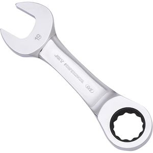Metric Ratcheting Stubby Combination Wrench - 010-LXDA442 - 19 mm, Polished, Chrome Vanadium, Flat