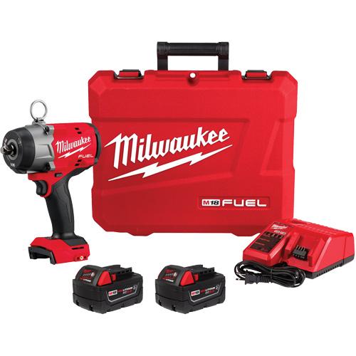 M18 Fuel™ High Torque Impact Wrench with Pin Detent Kit - 18 V, 1/2", Lithium-Ion, 0-2000, 1100 ft-lbs, Tool, Battery & Charger, 0 - 2700 IPM, 900 ft-lbs, 1100 ft-lbs, 7.3"