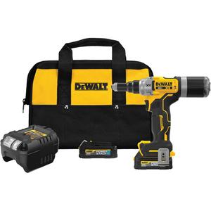 XR® Brushless Cordless 1/4" Rivet Tool Kit with POWERSTACK™ - (1) DCF414 1/4" Rivet Tool; (2) DCBP034G 20V MAX DEWALT POWERSTACK™ Compact Oil-Resistant Batteries; (1) Charger; (1) 3/16" Nose Piece; (1) 15/64" Nose Piece; (1) 1/4" Nose Piece; (1) Replacement Jaw Set; (1) Belt Hook; (1) Kit Bag
