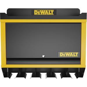 Power Tool Wall Cabinet - Black/Yellow, 26-1/2", 12", 15", Steel, (1) 26.5 in. W x 15 in. H welded steel wall cabinet (1) 26.5" Wide Steel Shelf; (1) 5-Slot Steel Power Tool Holster with Non-Slip Coating; (1) Top Mat; (1) Magnetic Power Strip; (1) Hardware Assembly Bag