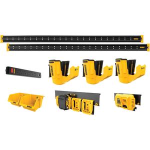 Power Tool Storage Kit - Steel, Assorted, (2) 48" Metal Rails; (4) End Cap Joiners; (3) Power Tool Holsters; (1) Battery Rail; (1) Battery Charger Rail Mount; (1) Magnetic Power Strip; (2) Plastic Bins