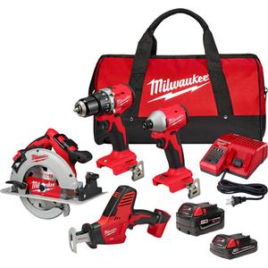 4-Tool Combo Kit - 18 V, Lithium-Ion, (1) M18™ Compact Brushless 1/2" Hammer Drill/Driver (3602-20); (1) M18™ Compact Brushless 1/4" Hex 3-Speed Impact Driver (3651-20); (1) M18™ Brushless 7-1/4" Circular Saw (2631-20); (1) M18™ HACKZALL® Recip Saw (Tool Only) (2625-20); (1) M18™ REDLITHIUM™ XC 4.0 Extended Capacity Battery Pack (48-11-1840); (1) M18™ REDLITHIUM™ CP2.0 Battery (48-11-1820); (1) M18™ & M12™ Multi-Voltage Charger (48-59-1812); (1) Contractor Bag