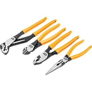 PITBULL Mixed Dual Material Plier Set - 4, 10" PITBULL K9™ V-Jaw Dipped Handle Tongue & Groove Pliers; 8" PITBULL Dipped Handle Slip Joint Pliers; 8" PITBULL Long Nose Plier Dipped Handle; 8" PITBULL Diagonal Cutting Plier Dipped Handle