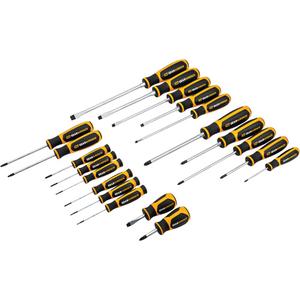 Phillips®, Slotted, Torx® Dual Material Screwdriver Set - 20 Pcs., Non Magnetic, #0 x 2-1/2" Phillips® Dual Material Screwdriver; #1 x 3" Phillips® Dual Material Screwdriver; #1 x 6" Phillips® Dual Material Screwdriver; #2 x 1-1/2" Phillips® Dual Material Screwdriver; #2 x 4" Phillips® Dual Material Screwdriver; #3 x 6" Phillips® Dual Material Screwdriver; 1/4" x 1-1/2" Slotted Dual Material Screwdriver; 1/4" x 4" Slotted Dual Material Screwdriver; 1/4" x 6" Slotted Dual Material Screwdriver; 3/16" x 6" Cabinet Dual Material Screwdriver; 3/8" x 8" Slotted Dual Material Screwdriver; 5/16" x 6" Slotted Dual Material Screwdriver; T15 x 4" Torx® Dual Material Screwdriver; T20 x 4" Torx® Dual Material Screwdriver; #00 x 60mm Mini Phillips® Dual Material Screwdriver; #0 x 60mm Mini Phillips® Dual Material Screwdriver; #1 x 60mm Mini Phillips® Dual Material Screwdriver; 1.5mm x 60mm Mini Slotted Dual Material Screwdriver; 2.5mm x 60mm Mini Slotted Dual Material Screwdriver