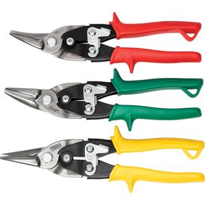 MetalMaster® 3-Piece Compound Action Aviation Snip Set - 9-3/4", Straight, Red/Green/Yellow, Straight, 9-3/4" Compound Action Straight and Left Aviation Snips; 9-3/4" Compound Action Straight and Right Cut Aviation Snips; 9-3/4" Compound Action Straight; Left; and Right Cut Snips