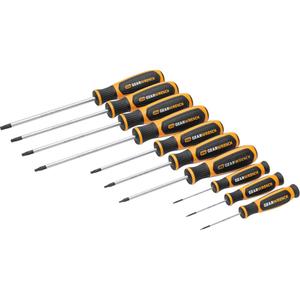 Torx® Dual Material Screwdriver Set in Foam Storage Tray - 10 Pcs., Non Magnetic, T10 x 4" Torx® Dual Material Screwdriver; T15 x 4" Torx® Dual Material Screwdriver; T20 x 4" Torx® Dual Material Screwdriver; T25 x 6" Torx® Dual Material Screwdriver; T27 x 6" Torx® Dual Material Screwdriver; T30 x 6" Torx® Dual Material Screwdriver; T40 x 6" Torx® Dual Material Screwdriver; T5 x 60mm Mini Torx® Dual Material Screwdriver; T6 x 60mm Mini Torx® Dual Material Screwdriver; T7 x 60mm Mini Torx® Dual Material Screwdriver