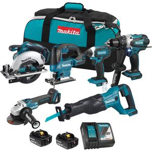 LXT 6-Tool Combo Kit - 18 V, Lithium-Ion, 18V LXT 1/2" Hammer Drill-Driver (DHP458Z), 18V LXT 1/4" Impact Driver (DTD152Z), 18V LXT Brushless 4-1/2" Angle Grinder w/Thumb Switch (DGA454Z), 18V LXT Reciprocating Saw (DJR186Z)