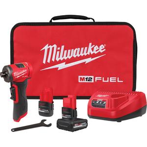 FUEL™ Right Angle Die Grinder Kit - 12 V, 1/4", Lithium-Ion, 20000, (1) M12 FUEL™ 1/4" Right Angle Die Grinder(3485-20); (1) M12™ REDLITHIUM™ HIGH OUTPUT™ CP2.5 Battery Pack(48-11-2425); (1) M12™ REDLITHIUM™ HIGH OUTPUT™ XC5.0 Battery Pack(48-11-2450); (1) M12™ Lithium-ion Battery Charger (48-59-2401); (1) Wrench; (1) Carrying Case