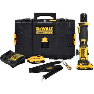 Compact Press Tool Kit - Power Driven, (1) DCE210 20V MAX* Compact Inline Press Tool; (2) DCB203 2Ah Compact Li-Ion Batteries; (1) DCB115 Charger; (1) Shoulder Strap; (1) ToughSystem® 2.0 BOX; (1) USB-C Cable