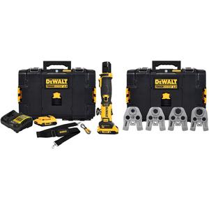 Compact Press Tool Kit with CTS Jaws - Power Driven, 1/2" - 1-1/4", (1) DCE210 20V MAX* Compact Press Tool; (1) 1/2" Compact CTS Press Jaw (DCE210012); (1) 3/4" Compact CTS Press Jaw (DCE210034); (1) 1" Compact CTS Press Jaw (DCE210100); (1) 1-1/4" Compact CTS Press Jaw (DCE210114); (1) TOOL CONNECT™ Chip; (2) DCB203 2Ah Compact Li-Ion Batteries; (2) ToughSystem® 2.0 KITBOX; (1) DCB1104 Charger; (1) Shoulder Strap
