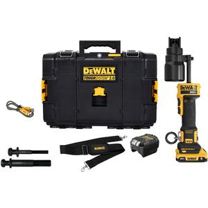 Hydraulic Knockout Tool Kit - (1) DCE600 20V MAX* Hydraulic Knockout Tool; (1) DCB203 2Ah Li-ion Battery; (1) Charger; (1) 7/16'' Knockout Draw Stud (DCE600DS716); (1) 3/4'' Knockout Draw Stud (DCE600DS34); (1) TOOL CONNECT™ Chip; (1) TOUGHSYSTEM® 2.0 Case; (1) USB-C Cable; (1) Shoulder Strap