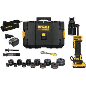 Hydraulic Knockout Tool Kit with 1/2'' - 2'' Punches & Dies - (1) DCE600 20V MAX* Hydraulic Knockout Tool; (1) DCB203 2 Ah Li Ion Battery; (1) Charger; (1) 7/16'' Knockout Draw Stud (DCE600DS716); (1) 3/4'' Knockout Draw Stud (DCE600DS34); (1) Shoulder Strap; (1) USB-C Cable; (1) TOOL CONNECT™ Chip; (1) TOUGHSYSTEM® 2.0 Case; (1) 1/2'' Knockout Die (DCE600012D); (1) 1/2'' Knockout Punch (DCE600012P); (1) 3/4'' Knockout Die (DCE600034D); (1) 3/4'' Knockout Punch (DCE600034P); (1) 1'' Knockout Die (DCE600100D); (1) 1'' Knockout Punch (DCE600100P); (1) 1-1/4'' Knockout Die (DCE600114D); (1) 1-1/4'' Knockout Punch (DCE600114P); (1) 1-1/2'' Knockout Die (DCE600112D); (1) 1-1/2'' Knockout Punch (DCE600112P); (1) 2'' Knockout Die (DCE600200D); (1) 2'' Knockout Punch (DCE600200P)