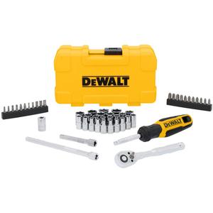 1/4" Drive Mechanics Tool Set - 50, (1) 1/4" Drive Low Profile Ratchet; (23) 1/4" Drive Sockets; (1) 1/4" Drive 3" Extension; (1) 1/4" Drive 6" Extension; (1) Spinner Handle; (1) Bit Adapter; (22) Bits