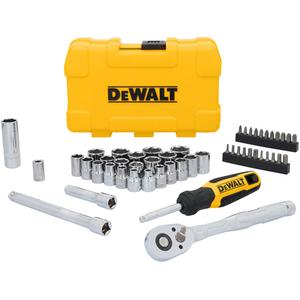 3/8" Drive Mechanics Tool Set - 50, (1) 3/8" Drive Low Profile Ratchet; (22) 3/8" Drive Sockets; (1) 3/8" Drive 3" Extension; (1) 3/8" Drive 6" Extension; (1) Spark Plug Socket; (1) Spinner Handle; (1) Bit Adapter; (22) Bits