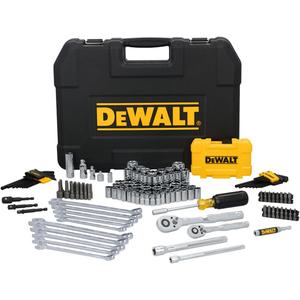 1/4" & 3/8" Drive Mechanics Tool Set - 142, (1) 1/4" Drive Low Profile Ratchet; (1) 3/8" Drive Low Profile Ratchet; (28) 1/4" Drive Sockets; (29) 3/8" Drive Sockets; (10) Combination Wrenches; (1) 1/4" Drive 6" Extension; (1) 3/8" Drive 6" Extension; (1) 1/4" Drive Universal Joint; (1) 3/8" Drive Universal Joint; (1) 1/4" x 3/8" Drive Adaptor; (1) 3/8" x 1/4" Drive Adaptor; (1) Spark Plug; (1) Spinner Handle; (22) Bits; (28) Hex Keys; (15) Nut Bits