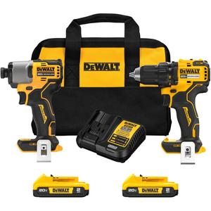 Brushless Cordless Drill/Driver & Impact Driver Combo Kit - 20 V, Lithium-Ion, (1) DCD793 Drill/Driver; (1) DCF840 Impact Driver; (2) DCB203 20V MAX* Batteries (2.0 Ah); (1) Charger; (1) Kit Bag; (2) Belt Hooks