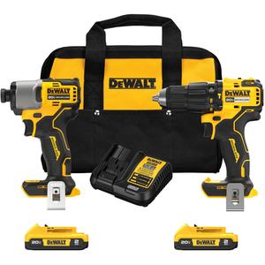 Brushless Compact Cordless 1/2" Hammer Drill & 1/4" Impact Driver Kit - 20 V, Lithium-Ion, (1) DCD798 20V MAX Brushless Hammer Drill; (1) DCF840 20V MAX Brushless Impact Driver; (2) 2AH Batteries; (1) Charger; (1) Soft Sided Bag