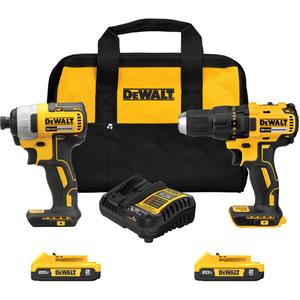Drill & Impact Driver Combo Kit - 20 V, Lithium-Ion, (1) 1/2" Drill/Driver; 1/4" Impact Driver; (2) 2.0 Compact Batteries; (1) Charger; (1) Contractor Bag, Yellow & Black, 2, 2