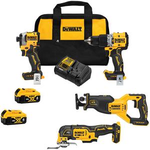 Brushless 4-Tool Combo Kit - 20 V, Lithium-Ion, Impact Driver; Hammer Drill; Multi Tool; Reciprocating Saw; Tool Bag, Yellow & Black, 4, 3