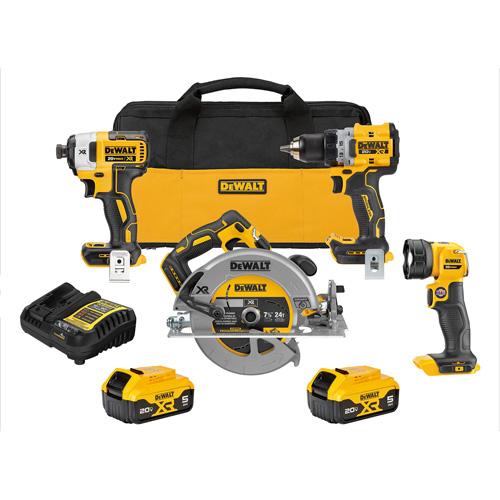 XR® Brushless Cordless 4-Tool Combo Kit - 20 V, Lithium-Ion, (1) Impact Driver; (1) Circular Saw; (1) Worklight; (1) Drill/Driver; (1) Tool Bag; (2) 5 Ah Batteries; (1) Charger, Yellow & Black, 5