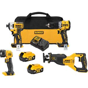 XR® Brushless Cordless 4-Tool Combo Kit - 20 V, Lithium-Ion, (1) Hammer Drill/Driver; (1) Impact Driver; (1) Reciprocating Saw; (1) LED Work Light; (2) 5.0 Ah Batteries; (1) Charger; (1) Tool Bag, Yellow & Black