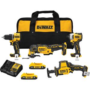 ATOMIC Cordless Brushless 4-Tool Combo Kit - 20 V, Lithium-Ion, (1) 1/2" Drill/Driver; (1) 1/4" Impact Driver; (1) One-Handed Reciprocating Saw; (1) Oscillating Multi-Tool; (1) Charger; (1) Tool Bag; (2) 20V MAX 2Ah Batteries