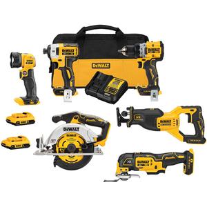 XR® Cordless Brushless 6-Tool Combo Kit - 20 V, Lithium-Ion, (1) Drill/Driver; (1) Impact Driver; (1) Reciprocating Saw; (1) Circular Saw; (1) Oscillating Multi-Tool; (1) LED Work Light; (2) 2Ah Batteries; (1) Charger; (1) Tool Bag