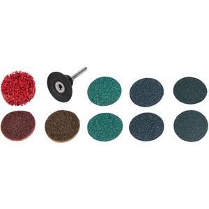 10-Piece 2" Quick Change Disc Kit - (2) 24 Grit Sanding Discs; (2) 36 Grit Sanding Discs; (2) 50 Grit Sanding Discs; (1) Coarse Grade Surface Conditioning Disc; (1) Medium Grade Surface Conditioning
